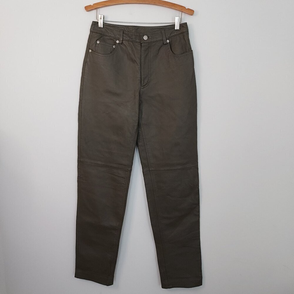 Newport News Jeanology Collection Olive Green Straight Leg Leather Pants Size 10